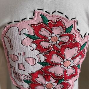 White Women's Zip Hoodie with Pink Floral Patch